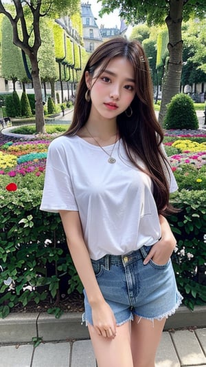 16 year old Korean woman, smiling, long brown hair, simple and fashionable colorful T-shirt and shorts, blue jeans and sneakers, white sneakers, looking at Luxembourg Gardens, beautiful flower fields (Paris) Walking, Shoulder bag, Earrings, Necklace, 150 cm, Lovely smile, (Luanmei)