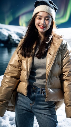 Masterpiece, Top Quality, ((Colorful Aurora)), Penguin colony in Antarctica, snow field, 1 girl, 16 years old, nice smile, teeth, solo, long brown hair, brown eyes, wool hat, gloves , coat, denim pants, looking at the viewer, standing, dynamic vista shot, bright sunlight, perfect composition, super detailed, official art, detailed background, surreal, high resolution, background details​ has been strengthened.