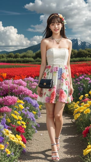 1 girl, solo, long hair, looking at viewer, bangs, brown hair, strapless, full body, colorful floral dress, white high heels, outdoors, clouds in the sky, mountain view, flower field, headband, open lips, real, 16 years old, 150 cm tall, adorable smile, teeth, earrings, necklace, shoulder bag, Leonardo