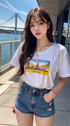 16 year old Korean woman, smiling, long brown hair, simple and fashionable colorful T-shirt and shorts, blue jeans and sneakers, white sneakers, walking with a view of the world's tallest bridge "Pont Millau" with France in the background , earrings, necklace, 150cm, smile, (Luanmei)