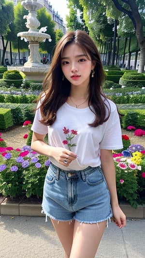 16 year old Korean woman, smiling, long brown hair, simple and fashionable colorful T-shirt and shorts, blue jeans and sneakers, white sneakers, looking at the Luxembourg Gardens, beautiful flower fields (Paris), walking, shoulder bag , earrings, necklace, 150 cm, nice smile, (Luanmei)