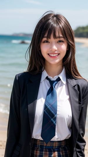 Hyper-realistic portrait of an 18 year old girl with beautiful hair. She wears a uniform light brown blazer over a white shirt, complete with a tartan tie and tartan skirt. She creates images. Her brown one-length hair is complemented by her blunt bangs that frame her face. She stands calmly on the shore near the sea with a gentle smile, and her blue eyes radiate warmth. Her discreet red ribbon adds a charming touch to her uniform attire. nice smile, teeth,