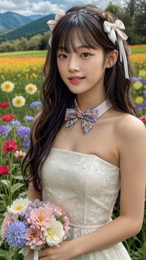 One girl, solo, long hair, looking at the viewer, bangs, brown hair, strapless, colorful floral dress, outdoors, mountain view, in a flower field full of flowers, flowers in hand Has, bowknot, ribbon, hair ribbon, hair band, open lips, bow tie, lips, bowknot, ribbon, realistic, 16 years old, height 150cm, nice smile, teeth, Leonardo