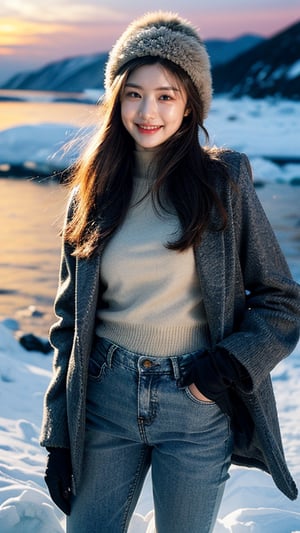 Masterpiece, Top Quality, ((Colorful Aurora)), Penguin colony in Antarctica, snow field, 1 girl, 16 years old, nice smile, teeth, solo, long brown hair, brown eyes, wool hat, gloves , coat, denim pants, looking at the viewer, standing, dynamic vista shot, bright sunlight, perfect composition, super detailed, official art, detailed background, surreal, high resolution, background details​ has been strengthened.