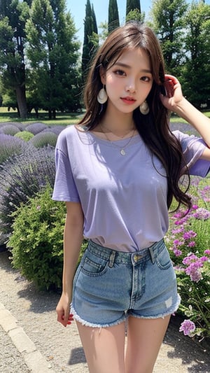 16 year old Korean woman, smiling, long brown hairstyle, simple and fashionable colorful T-shirt and shorts, blue jeans and sneakers, white sneakers, walking in a lavender field in Provence, France, background, earrings , necklace, 150 cm, (Luanmei)