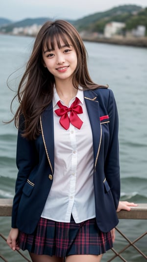 Surreal portrait of a 16 year old girl with long beautiful hair. She wears her school uniform's navy blue blazer over a white shirt, paired with a tartan tie and skirt. She is painting an image. Her brown hair is complemented by her blunt bangs that frame her face. She is standing quietly on the shore near the sea with a gentle smile on her face, her blue eyes radiating warmth. Her modest red ribbon adds a charming touch to her uniform attire. A smile, knee-length tights,