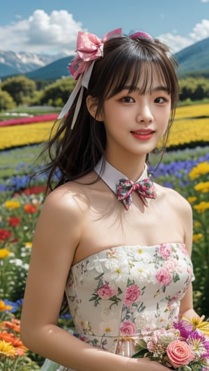 One girl, solo, long hair, looking at the viewer, bangs, brown hair, strapless, colorful floral dress, outdoors, mountain view, in a flower field full of flowers, flowers in hand Has, bowknot, ribbon, hair ribbon, hair band, open lips, bow tie, lips, bowknot, ribbon, realistic, 16 years old, height 150cm, nice smile, teeth, Leonardo