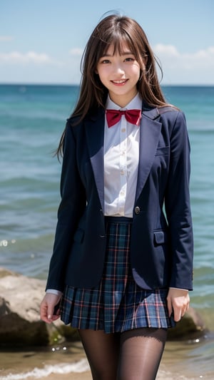 Surreal portrait of a 16 year old girl with long beautiful hair. She wears her school uniform's navy blue blazer over a white shirt, paired with a tartan tie and skirt. She is painting an image. Her brown hair is complemented by her blunt bangs that frame her face. She is standing quietly on the shore near the sea with a gentle smile on her face, her blue eyes radiating warmth. Her modest red ribbon adds a charming touch to her uniform attire. A smile, knee-length tights,