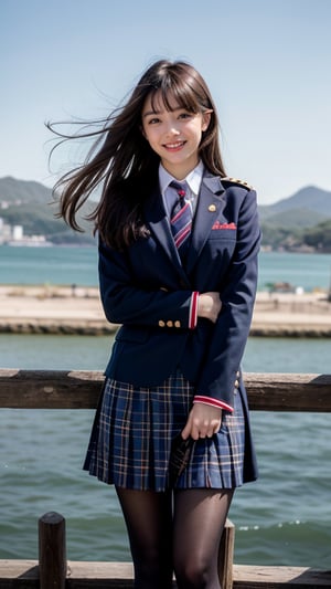 Surreal portrait of a 16 year old girl with long beautiful hair. In her uniform, she wears a navy blazer, a white shirt, a tartan she checks tie, and a skirt. She is painting an image. Her hair in golden braids matches her blunt bangs that frame her face. She stands calmly on the shore of the sea, a gentle smile on her face, warmth radiating from her blue eyes. Her discreet red ribbon adds a charming touch to her uniform look. A smile, knee-length tights,