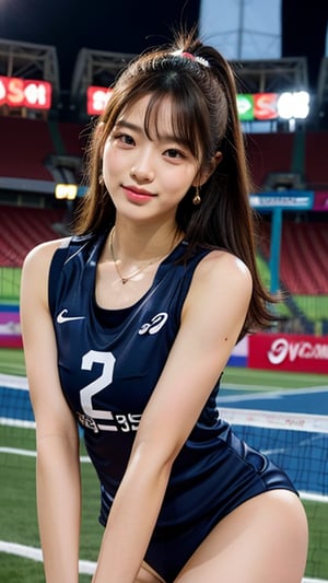 16-year-old Korean woman, smiling, long brown hair, Japanese female volleyball player's top and bottom equipment red (ASICS), participating in the Olympic Stadium in France, the cauldron visible, pigeons flying, earrings, necklace, 150cm, lovely smile, (Luanmei)