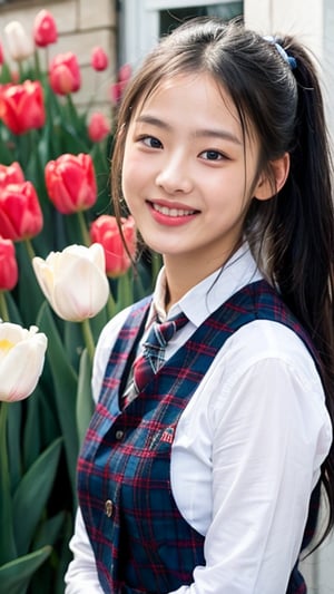 Surreal portrait of a 16 year old girl with long beautiful hair. She is wearing her school uniform, a sailor suit, with a white shirt, tartan tie, and tartan plaid skirt. She is painting an image. Her hair is in a brown ponytail, and she is in her home's garden of flowers, including tulips, with a gentle smile on her face and warmth radiating from her blue eyes. Her uniform is a modest red ribbon. A lovely smile that adds a charming touch to