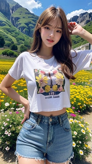 Korean female, 18 years old, long blonde shiny pixie hairstyle, oversized T-shirt, shorts, blue jeans, climbing a mountain with a beautiful flower field, smile, blue eyes, beautiful face,smile, (Ruan -mei)