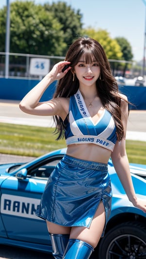 One girl, solo, bangs, dark brown hair, long hair, crotch gap, hair fluttering in the wind, racing queen, wearing a blue racing queen costume, blue separate tops, blue miniskirt, looking at the viewer , lips are dynamically open, dynamic pose, white enamel thigh-high boots, cowboy shot, standing next to the R34 skyline, shooting on the car racing stage, car racing road, sunny day, cowboy shot: 1.3, 18 years old, adorable smile, earrings, idol pose, Calsonic race queen,