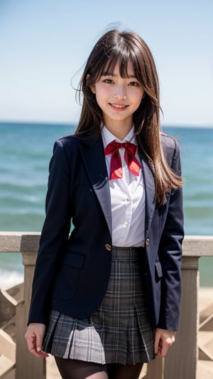 Surreal portrait of a 16 year old girl with long beautiful hair. She wears her school uniform's navy blue blazer over a white shirt, paired with a tartan tie and skirt. She is painting an image. Her brown hair is complemented by her blunt bangs that frame her face. She is standing quietly on the shore near the sea with a gentle smile on her face, her blue eyes radiating warmth. Her modest red ribbon adds a charming touch to her uniform attire. A smile, knee-length tights,