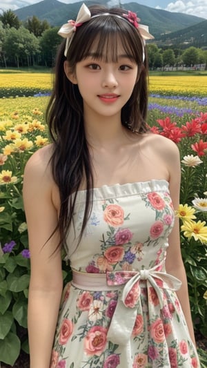 One girl, solo, long hair, looking at the viewer, bangs, brown hair, strapless, colorful floral dress, outdoors, mountain view, in a flower field full of flowers, flowers in hand Has, bowknot, ribbon, hair ribbon, hair band, open lips, bow tie, lips, bowknot, ribbon, realistic, 16 years old, height 150cm, nice smile, teeth, Leonardo