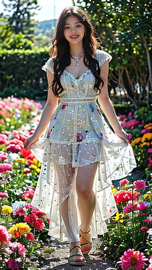 A stunning Ukrainian beauty is posing in a lush botanical garden on a bright sunny day. She wears a bright traditional embroidered dress decorated with intricate black, red and green patterns, and her blonde hair shines under the warm light. Her radiant smile captures the essence of her joy as she stands where the sea and flower fields bloom. A gentle breeze sways her petals, harmonizing with her carefree laughter. 16 years old, nice smile, teeth, earrings, necklace, white high heels, whole body,