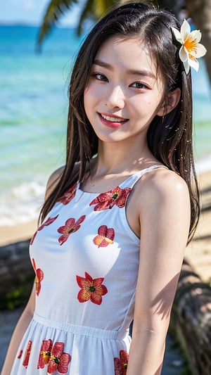 Highly Detailed Eyes, Highly Detailed Face, Top Quality, Tabletop, Highly Detailed, Highly Detailed, (Realistic, Photorealistic: 1.3), Smile, (Looking Ahead), Look at the Beholder, Flower patterned beach dress, 1 girl, beach, swimming, tropical, absurd, attractive, 16 years old, nice smile, hoshi