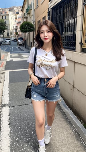 16 year old Korean woman, smiling, long brown hair, simple and fashionable colorful T-shirt and shorts, blue jeans and sneakers, white sneakers, walking with a view of the beautiful blue Mediterranean Sea in Nice, shoulder bag, earrings, Necklace, 150cm, smile, (Luanmei)