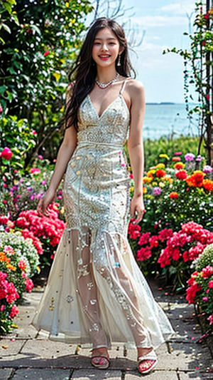 A stunning Ukrainian beauty is posing in a lush botanical garden on a bright sunny day. She wears a bright traditional embroidered dress decorated with intricate black, red and green patterns, and her blonde hair shines under the warm light. Her radiant smile captures the essence of her joy as she stands where the sea and flower fields bloom. A gentle breeze sways her petals, harmonizing with her carefree laughter. 16 years old, nice smile, teeth, earrings, necklace, white high heels, whole body,