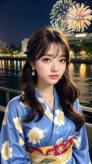 16-year-old Korean woman, smile, long brown hair, colorful floral pattern yukata, watching the Sumida River fireworks festival, earrings, necklace, 150cm, nice smile, (LuanMei)