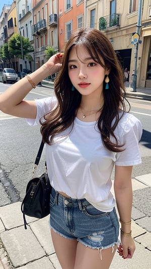 16 year old Korean woman, smiling, long brown hair, simple and fashionable colorful T-shirt and shorts, blue jeans and sneakers, white sneakers, walking with a view of the beautiful blue Mediterranean Sea in Nice, shoulder bag, earrings, Necklace, 150cm, smile, (Luanmei)