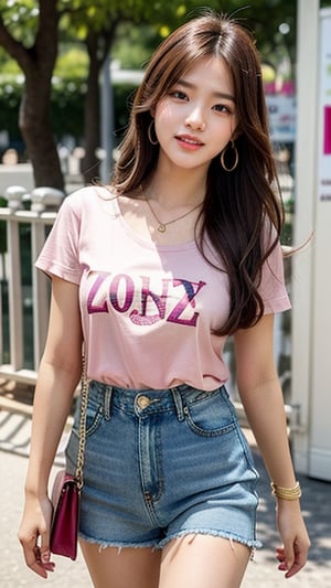 18-year-old Korean woman, long brown hair with fairy-like hairstyle, large pink and black T-shirt, shorts, blue jeans, walking in the zoo, 160cm tall, nice smile, (Luan Mei), smile , wearing a necklace and earrings, laughing out loud,