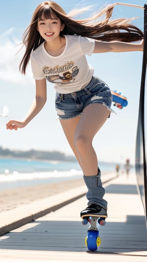 18 year old girl, ((full body view)), low angle, beautiful face, slender body, large eyes, eye highlights, beautiful and defined face, fair skin, long shiny chestnut hair, high bangs , lip fillers, a happy smile, a chiseled T-shirt, distressed jeans and shorts, a California beach street, (a girl happily gliding down the street on roller skates), speed, intensity, swaying hair, lush palm trees, detail, dynamic background, shiny texture, depth, movement, dynamism, energy, vibrant, epic scene, detail, ultra detail, 8K, movie lighting, shallow depth of field , out of focus, movie lighting, bright sun, blue sky and white clouds, seagulls