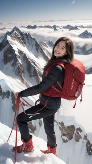 Mount Everest, glacier, explorer, 16 years old, beautiful girl, very long hair, straight hair, brown hair, climbing Mount Everest, smiling, wearing mountaineering clothes, boots and helmet, gloves, backpack, with rope , top quality, 32k, photorealistic, super detailed, finely detailed, high resolution, perfect dynamic composition, beautiful detailed eyes, sharp focus, cowboy shot, front view, Chinese ink painting, nice smile, teeth,