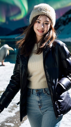 Masterpiece, Top Quality, ((Colorful Aurora)), Penguin colony in Antarctica, snow field, 1 girl, 16 years old, nice smile, teeth, solo, long brown hair, brown eyes, wool hat, gloves , coat, denim pants, looking at the viewer, standing, dynamic vista shot, bright sunlight, perfect composition, super detailed, official art, detailed background, surreal, high resolution, background details​ has been strengthened.