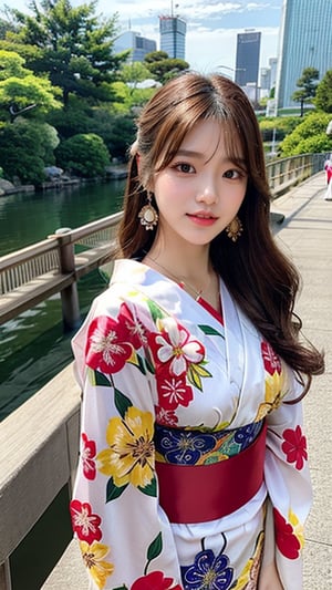 16-year-old Korean woman, smile, long brown hair, colorful floral print yukata, walking on the Rainbow Bridge in Japan, earrings, necklace, 150cm, nice smile, (Luan Mei)