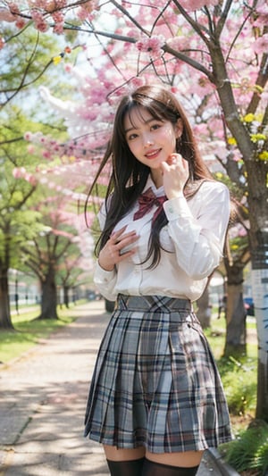 Masterpiece, highest quality, 8K, RAW photo, BREAK 1 Japanese girl, high school student, uniform, small breasts, (uniform length haircut), (one length), beautiful shiny black hair, straight hair, unkempt Hair, pale skin, white skin, whole body down to the toes, beautiful thighs, (tartan check skirt), BREAK's profile, looking at the viewer, smiling, standing, ((Sakura Fubuki)), Falling cherry blossoms Petals, dim light, night, schoolgirl, 16 years old, top quality, CherryBlossom_background