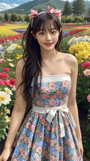 One girl, solo, long hair, looking at the viewer, bangs, brown hair, strapless, colorful floral dress, outdoors, mountain view, in a flower field full of flowers, flowers in hand Has, bowknot, ribbon, hair ribbon, hair band, open lips, bow tie, lips, bowknot, ribbon, realistic, 16 years old, height 150cm, nice smile, teeth, Leonardo