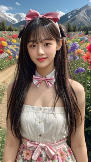 One girl, solo, long hair, looking at the viewer, bangs, brown hair, strapless, colorful floral dress, outdoors, mountain view, in a flower field full of flowers, flowers in hand Has, bowknot, ribbon, hair ribbon, hair band, open lips, bow tie, lips, bowknot, ribbon, realistic, 16 years old, height 150cm, nice smile, teeth, Leonardo