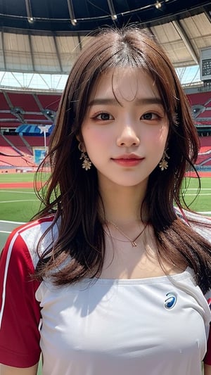 16-year-old Korean woman, smiling, long brown hair, Japanese female volleyball player's top and bottom equipment red (ASICS), participating in the Olympic Stadium in France, the cauldron is visible, the dove of peace is flying, earrings, Necklace, 150cm, lovely smile, (Luanmei)