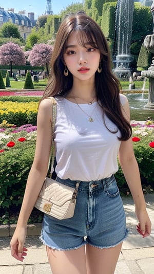 16 year old Korean woman, smiling, long brown hair, simple and fashionable colorful T-shirt and shorts, blue jeans and sneakers, white sneakers, looking at Luxembourg Gardens, beautiful flower fields (Paris) Walking, Shoulder bag, Earrings, Necklace, 150 cm, Lovely smile, (Luanmei)
