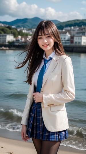 Surreal portrait of a 16 year old girl with long beautiful hair. She wears her school uniform's navy blue blazer over a white shirt, paired with a tartan tie and skirt. She is painting an image. Her brown hair is complemented by her blunt bangs that frame her face. She is standing quietly on the shore near the sea with a gentle smile on her face, her blue eyes radiating warmth. Her modest red ribbon adds a charming touch to her uniform attire. A smile, knee-length tights,