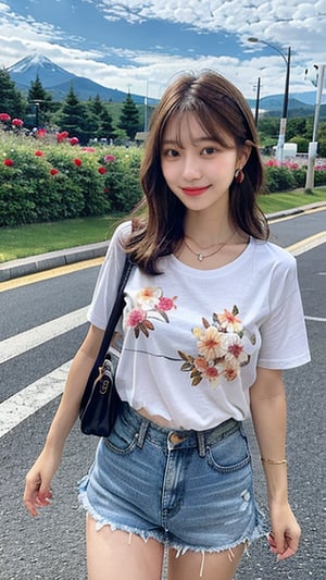 16 year old Korean female, smiling, long brown hair, colorful floral T-shirt and shorts, blue jeans and sneakers, white sneakers, walking with a view of the Shiretoko Mountains in Hokkaido, shoulder bag, earrings, necklace, height 150cm, nice smile, (Luanmei)