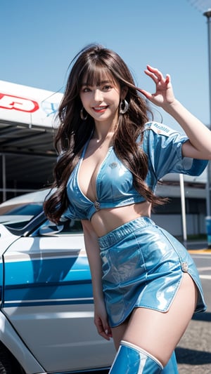 One girl, solo, bangs, dark brown hair, long hair, crotch gap, hair fluttering in the wind, racing queen, wearing a blue racing queen costume, blue separate tops, blue miniskirt, looking at the viewer , lips are dynamically open, dynamic pose, white enamel thigh-high boots, cowboy shot, standing next to the R34 skyline, shooting on the car racing stage, car racing road, sunny day, cowboy shot: 1.3, 18 years old, adorable smile, earrings, idol pose, Calsonic race queen,