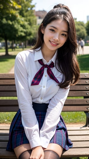 Surreal portrait of a 16 year old girl with long beautiful hair. She wears her school uniform, a sailor suit, with a white shirt, tartan tie, and skirt. She is painting an image. Her hair is in a brown ponytail, she is sitting on a white bench chair in the park, a gentle smile on her face and warmth radiating from her blue eyes. Her discreet red ribbon adds a charming touch to her uniform look. A smile, knee-length tights, a smile,