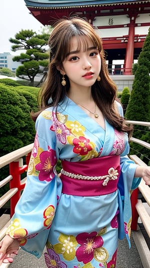 16-year-old Korean woman, smile, long brown hair, colorful floral print yukata, walking on the Rainbow Bridge in Japan, earrings, necklace, 150cm, nice smile, (Luan Mei)