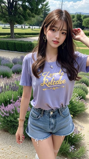 16 year old Korean woman, smiling, long brown hairstyle, simple and fashionable colorful T-shirt and shorts, blue jeans and sneakers, white sneakers, walking in a lavender field in Provence, France, background, earrings , necklace, 150 cm, (Luanmei)