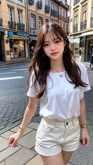 16 year old Korean woman, smiling, long brown hairstyle, simple and fashionable colorful T-shirt and shorts, blue jeans and sneakers, white sneakers, walking looking at the cityscape of Colmar, France, background, earrings , necklace, 150 cm,smile, (Luanmei)