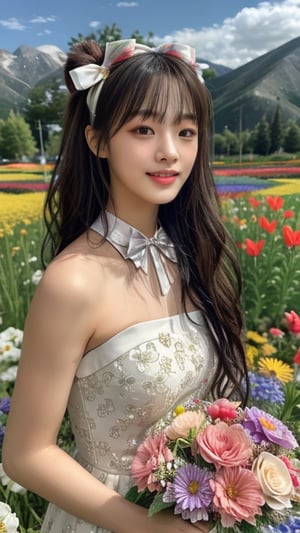 One girl, solo, long hair, looking at the viewer, bangs, brown hair, strapless, colorful floral dress, outdoors, mountain view, in a flower field full of flowers, flowers in hand Has, bowknot, ribbon, hair ribbon, hair band, open lips, bow tie, lips, bowknot, ribbon, realistic, 16 years old, height 150cm, nice smile, teeth, Leonardo