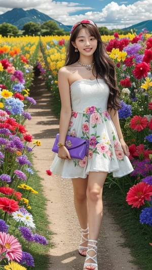 1 girl, solo, long hair, looking at viewer, bangs, brown hair, strapless, full body, colorful floral dress, white high heels, outdoors, clouds in the sky, mountain view, flower field, headband, open lips, real, 16 years old, 150 cm tall, adorable smile, teeth, earrings, necklace, shoulder bag, Leonardo