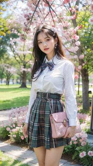 Masterpiece, highest quality, 8K, RAW photo, BREAK 1 Japanese girl, high school student, uniform, small breasts, (uniform length haircut), (one length), beautiful shiny black hair, straight hair, messy hair , pale skin, white skin, whole body down to the toes, beautiful thighs, (tartan check skirt), BREAK's profile, looking at the viewer, smiling, standing, falling cherry blossom petals, dim light, night , High School Girl, 16 Years Old, Top Quality, CherryBlossom_background