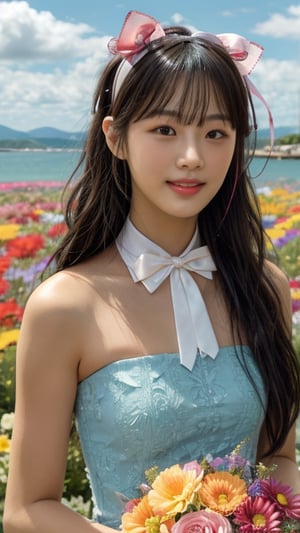 One girl, solo, long hair, looking at the viewer, bangs, brown hair, strapless, colorful floral dress, outdoors, clouds in the sky, sea view, flower field full of flowers, flowers in hand, Bowknot, ribbon, hair ribbon, hairband, open lips, bow tie, lips, bowknot, ribbon, realistic, 16 years old, height 150cm, lovely smile, teeth, Leonardo