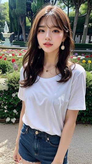 16 year old Korean woman, smiling, long brown hair, simple and fashionable colorful T-shirt and shorts, blue jeans and sneakers, white sneakers, looking at Luxembourg Gardens, beautiful flower fields (Paris) Walking, Shoulder bag, Earrings, Necklace, 150 cm, Lovely smile, (Luanmei)