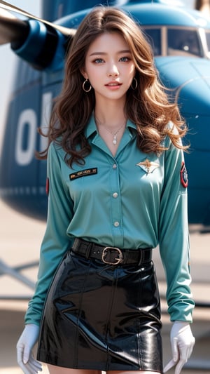 Helicopter, combat helicopter, helicopter, 16 years old, 1 girl, beautiful Korean girl, helicopter pilot, pilot suit (navy uniform), white pilot jacket, dark blue tight skirt, combat boots, wearing gloves, standing nearby helicopter, solo, {beautifully detailed eyes}, blue eyes, calm expression, delicate features, ((model pose)), attractive figure, (brown hair: 1.2), knotted hair, Hair above the waist, curly hair, very long hair, simple small necklace, earrings, thin particles, real hands, masterpiece, top quality, 16k, photorealistic, super detailed, finely detailed, high resolution, perfect Dynamic composition, beautifully detailed eyes, relaxed, sharp focus, full body, cowboy shot, nice smile, teeth,