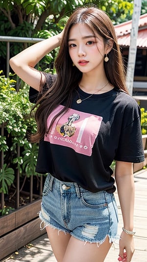 18-year-old Korean woman, long brown hair with fairy-like hairstyle, oversized pink and black T-shirt, shorts, blue jeans, walking in the zoo, 160cm tall, nice smile, (Luan Mei), smile,wearing a necklace and earrings