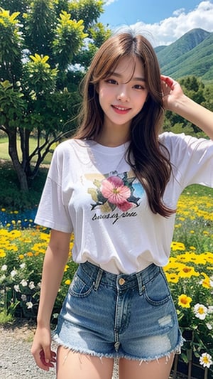 Korean female, 18 years old, long blonde shiny pixie hairstyle, oversized T-shirt, shorts, blue jeans, climbing a mountain with a beautiful flower field, smile, blue eyes, beautiful face,smile,laughing out loud, (Ruan -mei)